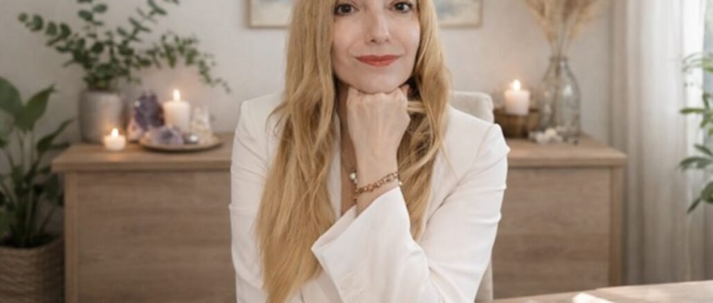 Portrait de Céline Baron assise à son bureau, vêtue d'un blazer blanc, dans un environnement serein avec des bougies et des cristaux