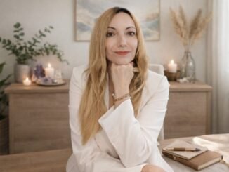 Portrait de Céline Baron assise à son bureau, vêtue d'un blazer blanc, dans un environnement serein avec des bougies et des cristaux