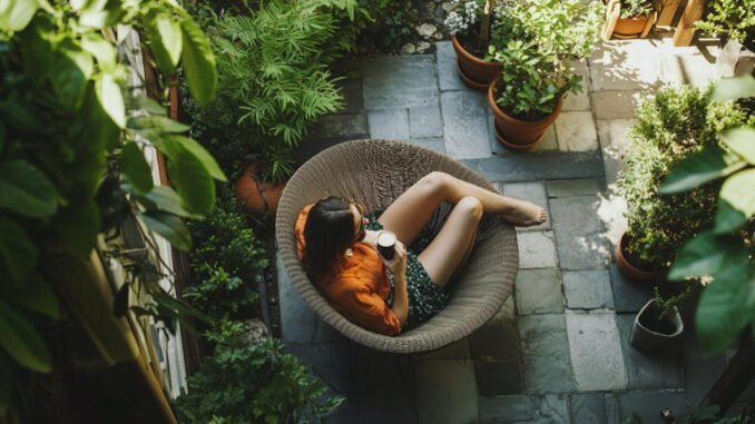 Vue aérienne d'une femme se relaxant avec un café dans un fauteuil en rotin, au cœur d'un aménagement d'un jardin bien-être verdoyant