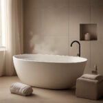 Une scène chaleureuse et premium illustrant le bain chaud comme rituel de relâchement et de récupération. L’ambiance est sobre, apaisante et élégante, avec une esthétique bien-être haut de gamme.