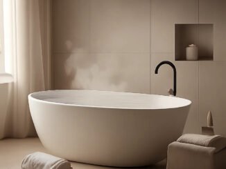 Une scène chaleureuse et premium illustrant le bain chaud comme rituel de relâchement et de récupération. L’ambiance est sobre, apaisante et élégante, avec une esthétique bien-être haut de gamme.
