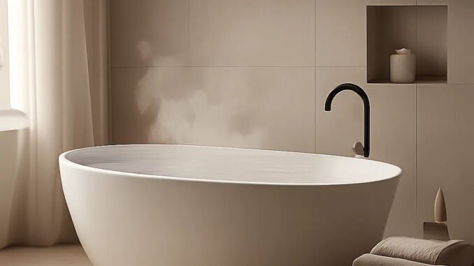 Une scène chaleureuse et premium illustrant le bain chaud comme rituel de relâchement et de récupération. L’ambiance est sobre, apaisante et élégante, avec une esthétique bien-être haut de gamme.