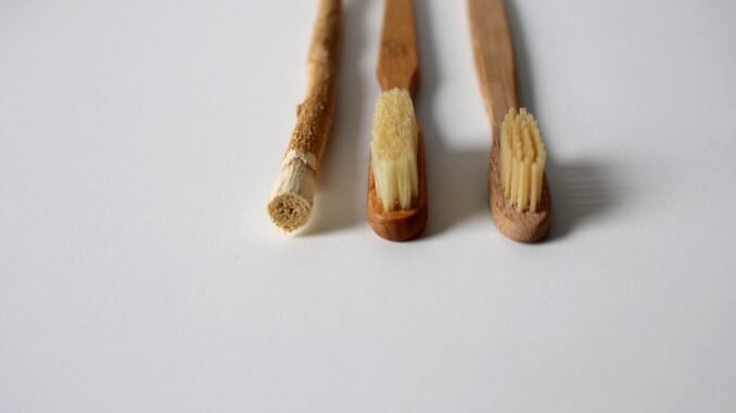 Trois brosses à dents en bois sur fond blanc