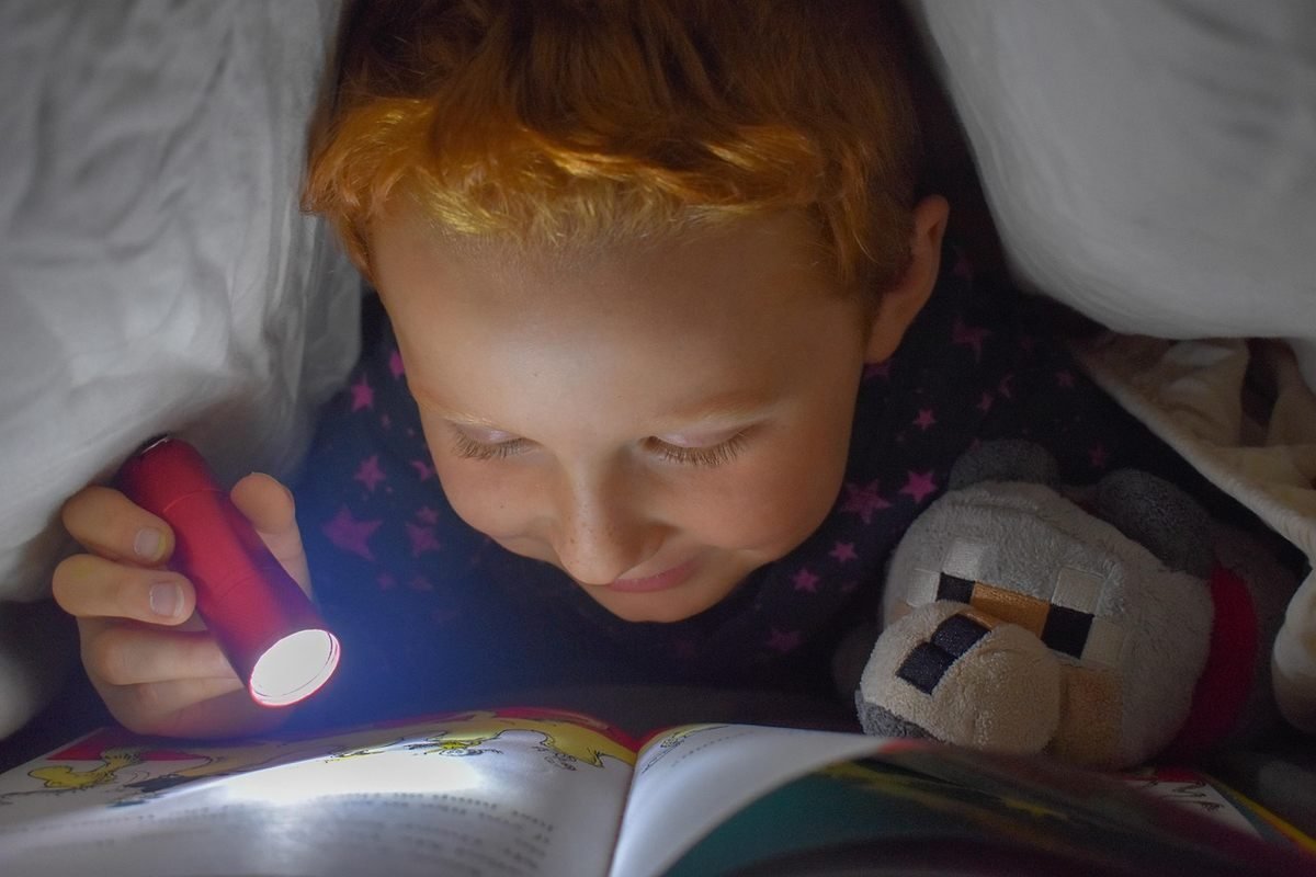 Enfant lit un livre avec une lampe torche dans son lit Enfant lit un livre avec une lampe torche dans son lit